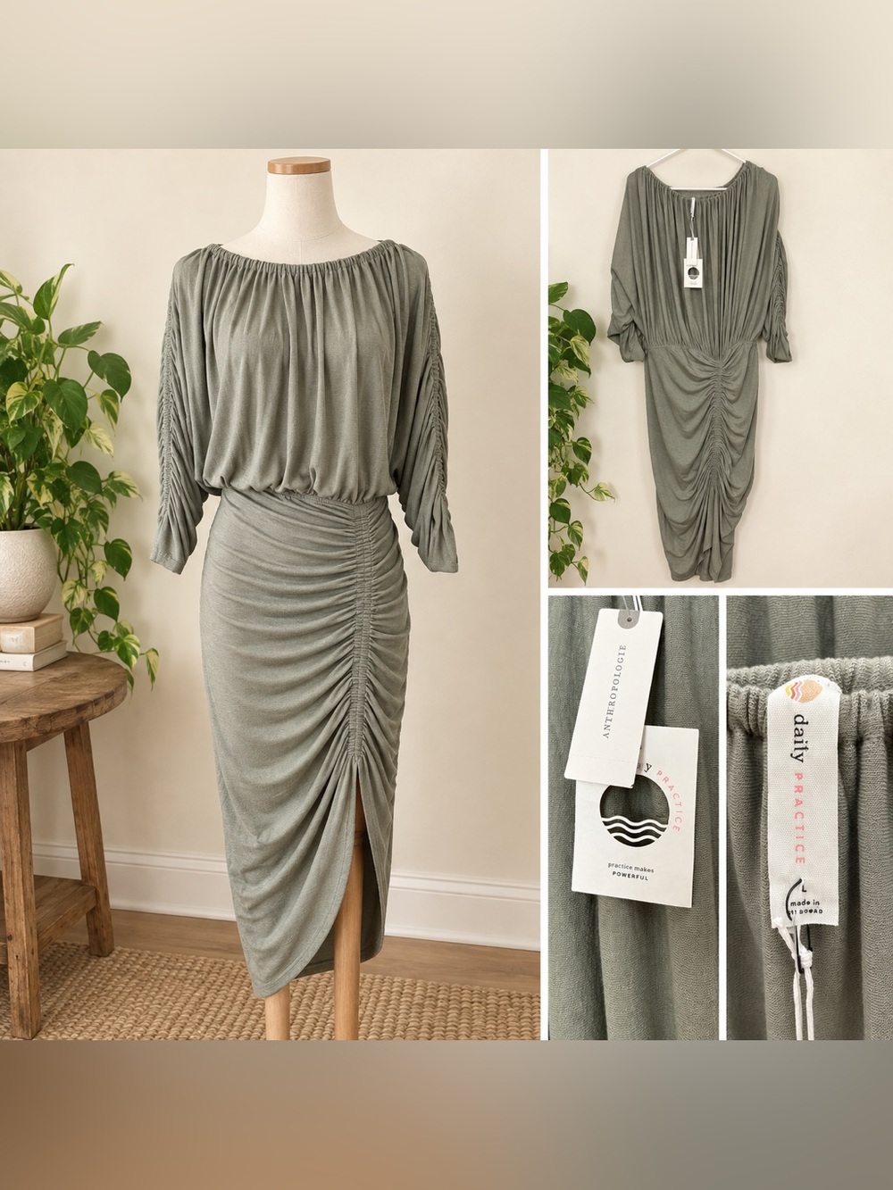 Anthropologie Daily Practice Sage Green Slouchy Ruched Midi Dress Size L NWT